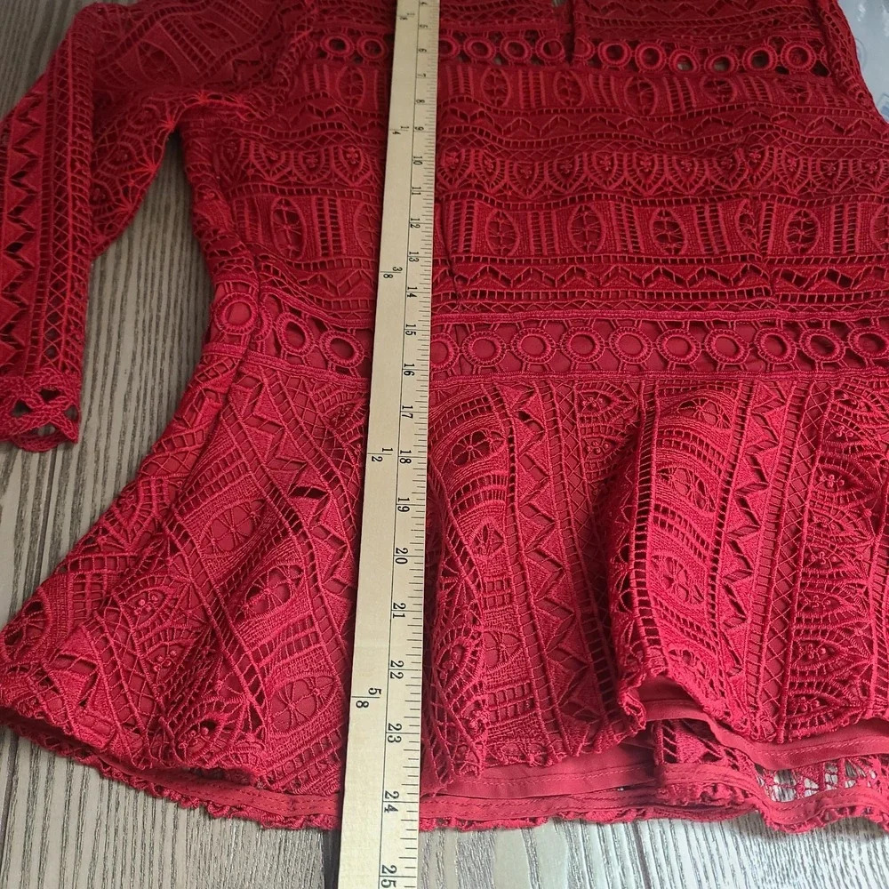 Moulinette Soeurs Anthropologie Red Crochet Lace Peplum Blouse Romantic Boho‎ 10
